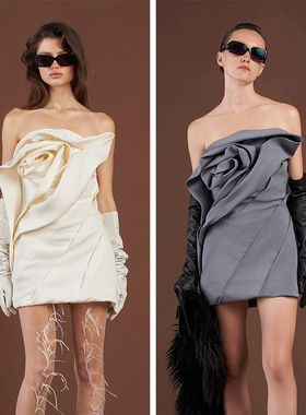 越南小众品牌DATT 2024秋季新款缎面花立体灵动抹胸裙