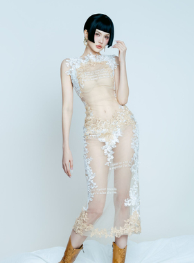 越南小众品牌ONONMADE 2025年夏季新款前卫性感刺绣花纹透视长裙