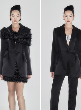 越南小众MUSTHAVE 2024年春季新款细闪光泽西装外套+毛毛半裙