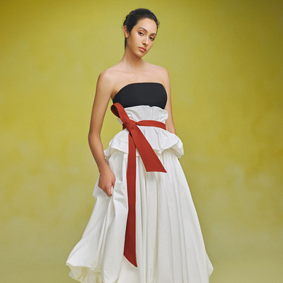 越南小众品牌TINH 2024夏季新款美学艺术设计黑白红压褶蓬蓬裙