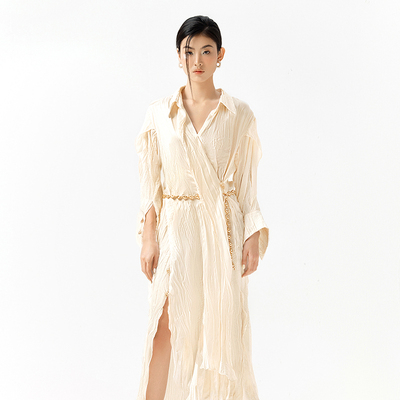 复古休闲衬衫式腰链连衣裙