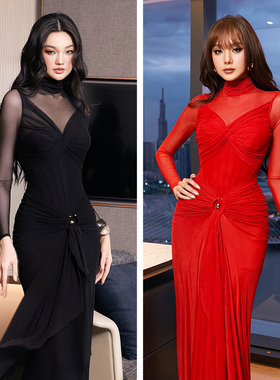 越南小众品牌BANDAGE 2025年冬季新款火辣身材御姐风薄纱修身长裙