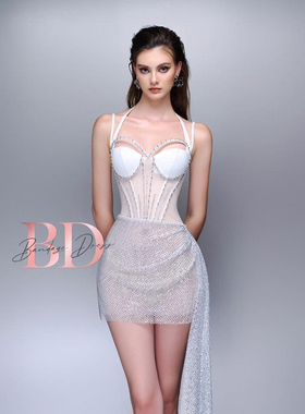 越南小众品牌BANDAGE 2024冬季新款法式性感透视收腰挂脖裙