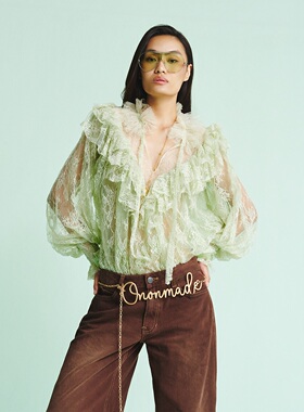 越南小众品牌ONONMM 2025年秋季新款绿色蕾丝上衣+棕色阔腿裤