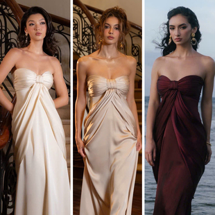 越南小众KISSERINE 2025年冬季新款古希腊女神褶皱纽结抹胸长裙