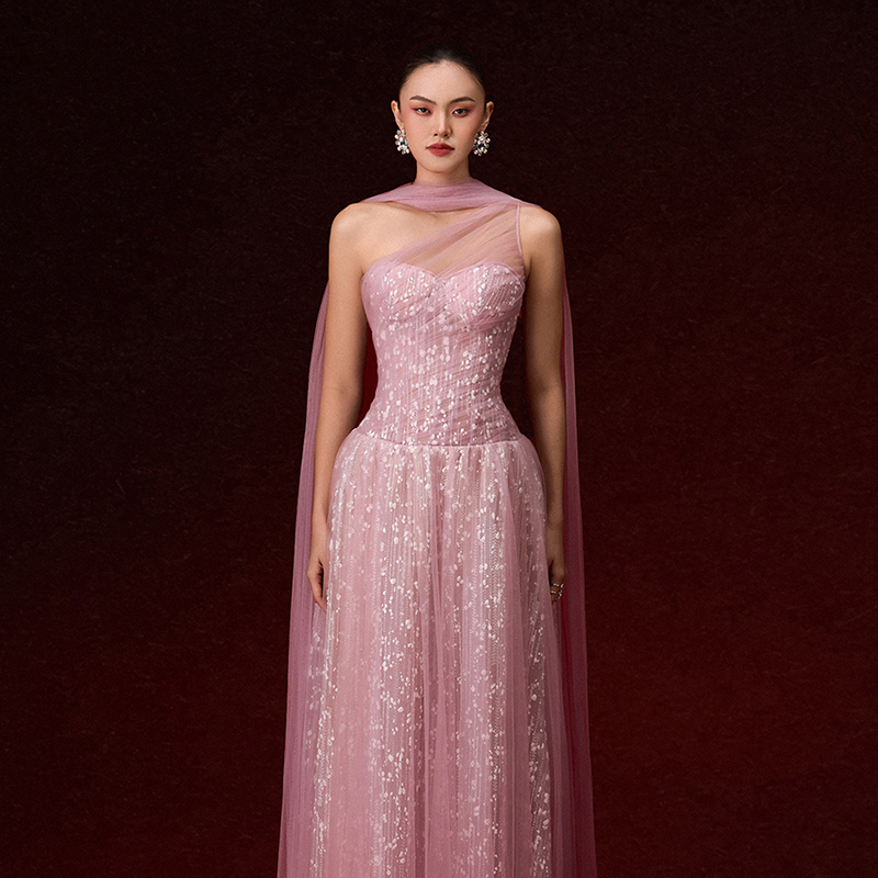 越南JOSEPHINE 2025年新年新款法式大气粉色薄纱亮片连衣裙