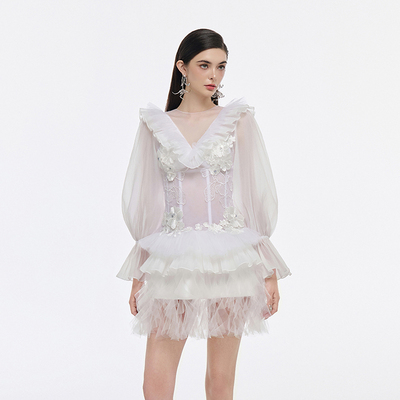 越南JOSEPHINE 2025年春季新款华丽精致纯白立体花朵v领连衣裙