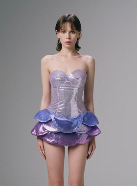 越南小众品牌NINISESI 2025年夏季新款人鱼紫色亮片花瓣抹胸裙