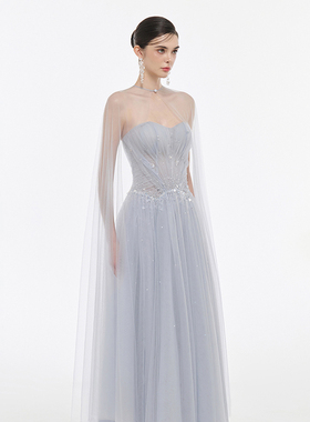 越南JOSEPHINE 2025年春季新款优雅端庄灰色薄纱若隐若现连衣裙