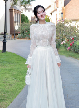 越南小众DARLING DIVA 2025年秋季新款白色蕾丝喇叭袖网纱半裙