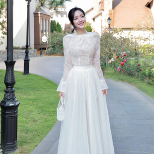 越南小众DARLING DIVA 2025年秋季新款白色蕾丝喇叭袖网纱半裙