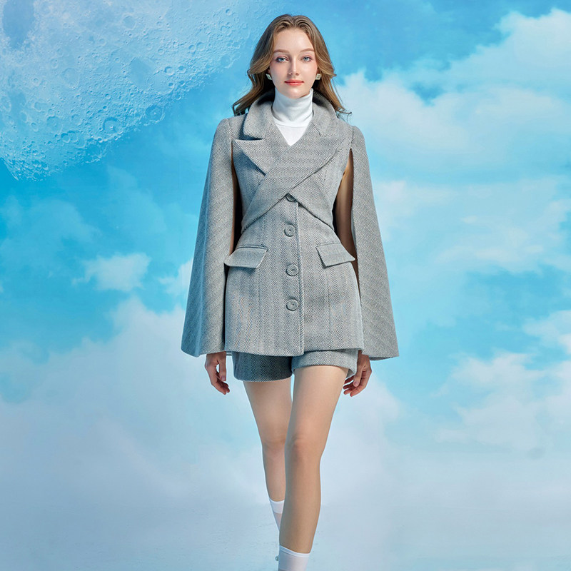 越南小众maddy hates 2022冬季新款斗篷西装集合式翻领通勤套装