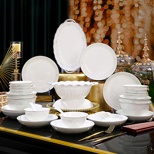 一叶知秋新中式骨瓷餐具套装景德镇家用餐具白瓷碗盘盘子餐具