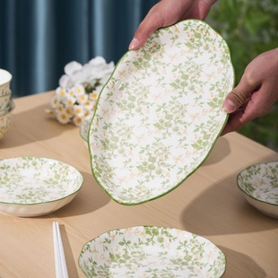 铃兰花开13英寸鱼盘高温釉下彩大鱼盘长方盘高颜值精致家用长盘