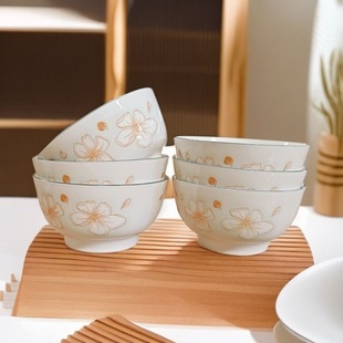 黄金叶5英寸米饭碗10个装 高温釉下彩陶瓷碗沙拉碗高颜值黄花大号