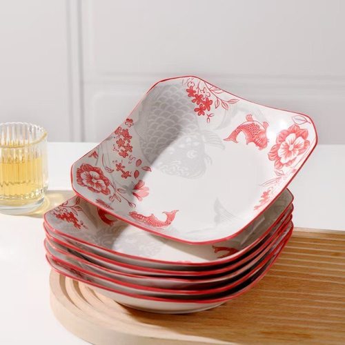 年年有余8.5英寸如意四方盘高温釉下彩家用陶瓷高档方盘