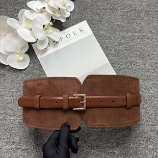 复古反绒皮两用腰封拼色美拉德棕色真皮腰带质感宽大衣皮带
