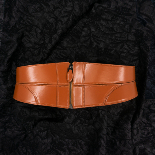 洛可可风束腰定型款 拉链腰封牛皮女士复古松紧宽腰带真皮浅啡色