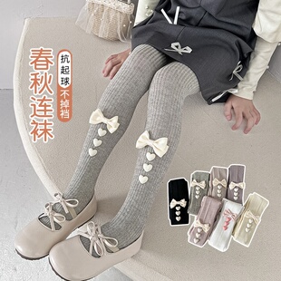 女童连裤袜春秋季薄款儿童打底袜洛丽塔甜美风爱心蝴蝶结女孩长裤