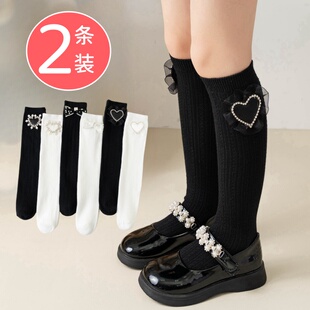 日系儿童小腿袜春夏纯白黑色薄款棉长筒袜子女童过膝堆堆中筒袜子