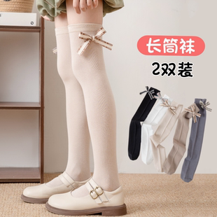 洛丽塔女童长高筒袜子春秋季薄款儿童纯白针织棉蝴蝶结过膝大腿袜