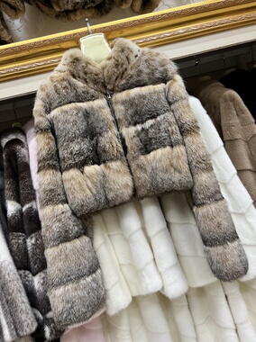 【紫裳金妃】进口美国lynx猫本色外套女时尚拉链皮草2025新款冬