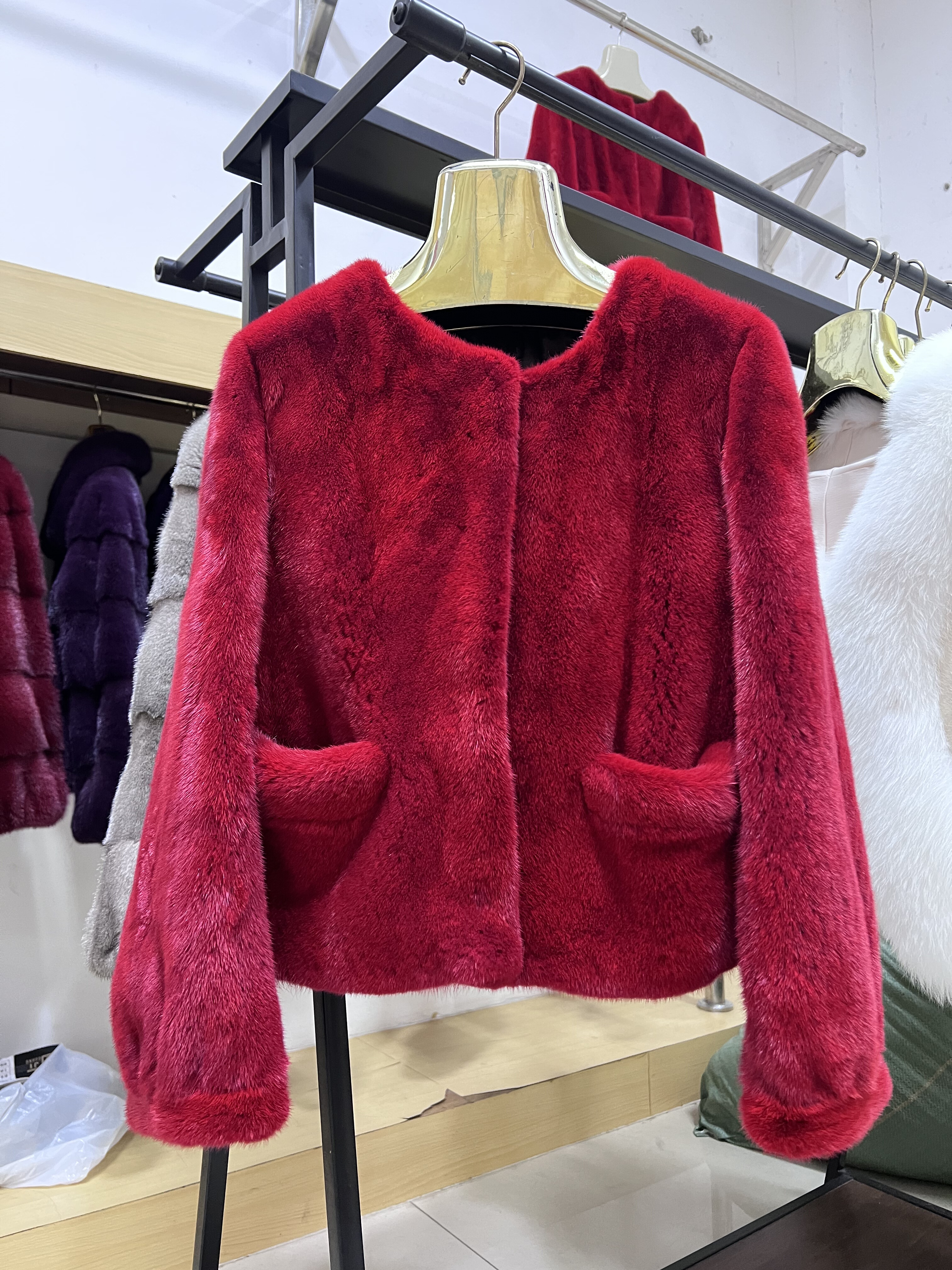 3900元小个子款进口天鹅绒水貂皮草外套口袋短款时尚年轻貂皮大衣