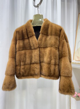 定制 进口水貂毛白色V领皮草外套女装貂皮大衣短款横排时尚蝙蝠袖