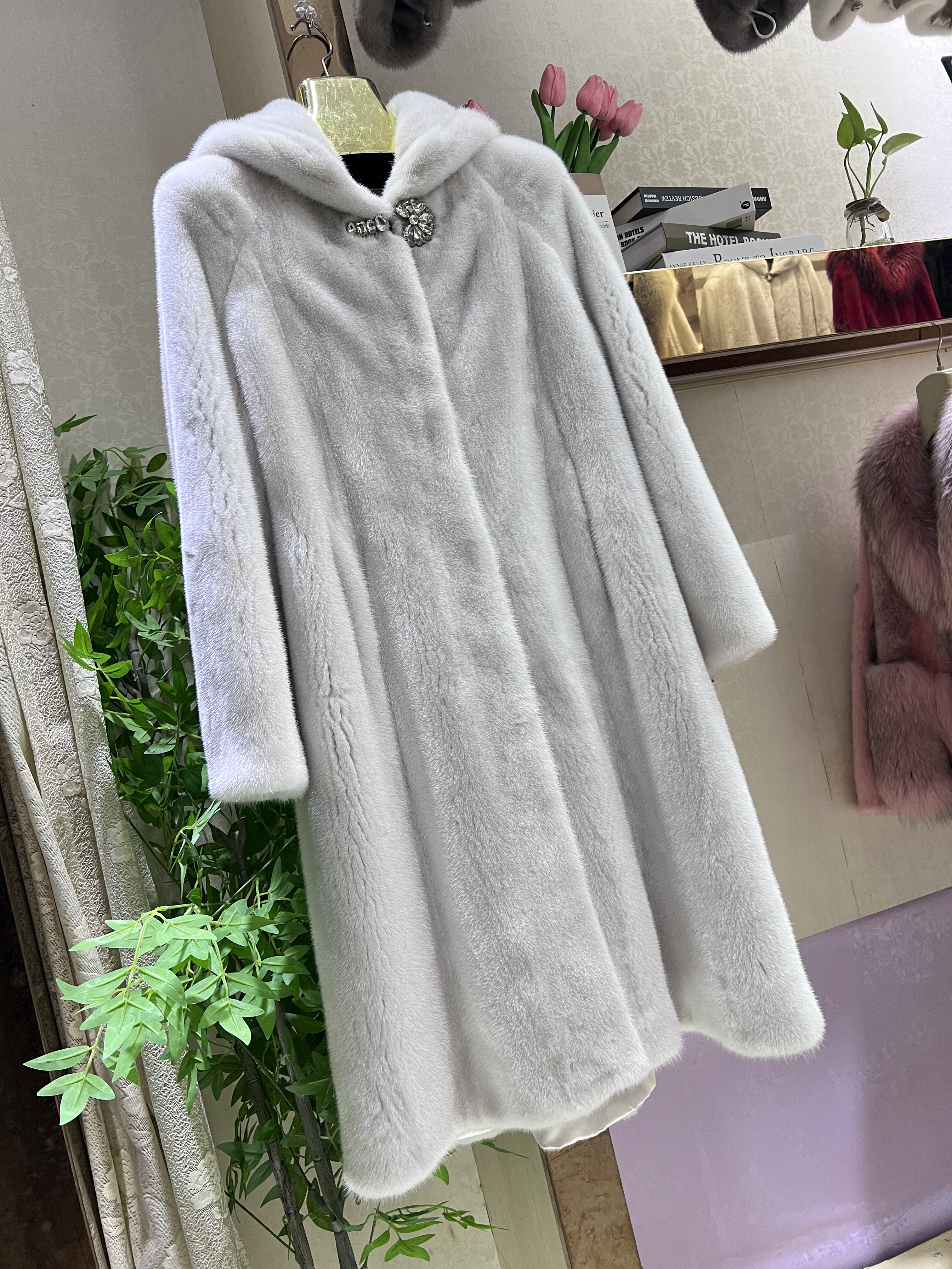 110cm进口整貂皮草外套女长款连帽宽松时尚显瘦冬季大衣紫罗兰色