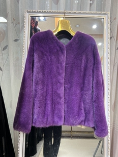 进口紫标级天鹅绒水貂皮草外套短款 貂皮大衣女冬 圆领整貂年轻时尚