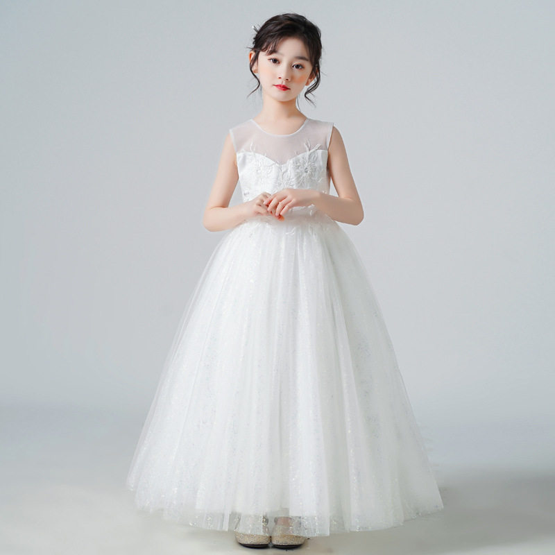 女童夏季无袖花朵刺绣网纱连衣裙长裙礼服蓬蓬裙甜美公主裙演出服