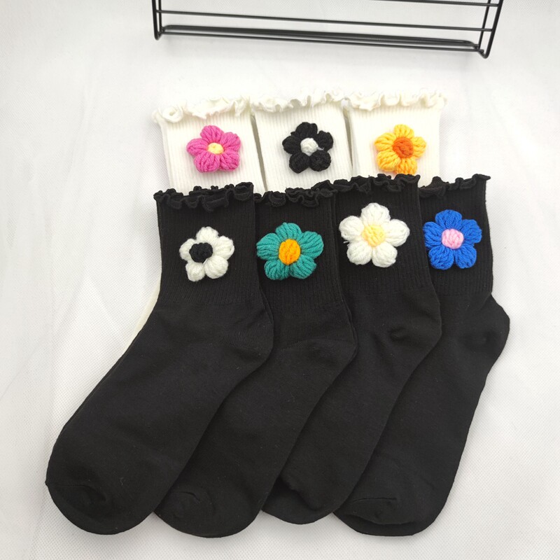 简约女棉袜立体花朵中筒