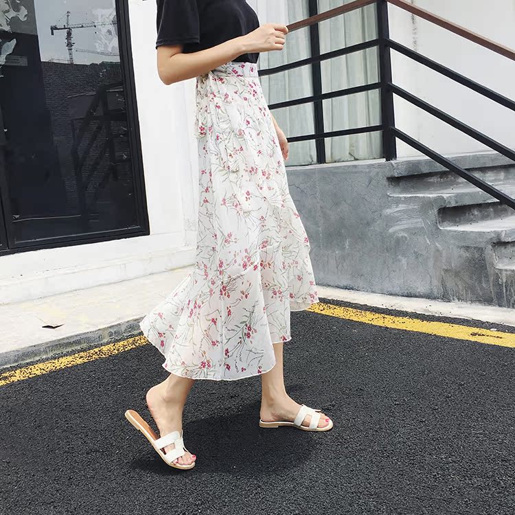 實拍1033一片式半身裙春女綠色碎花魚尾裙不規則雪紡長裙女夏裙子