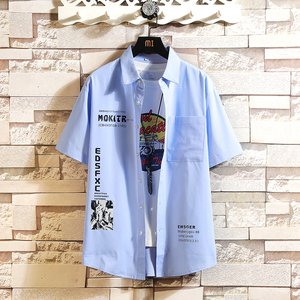 大码印花风衬衫男夏新款青年短袖衬衫/D7055p35图片