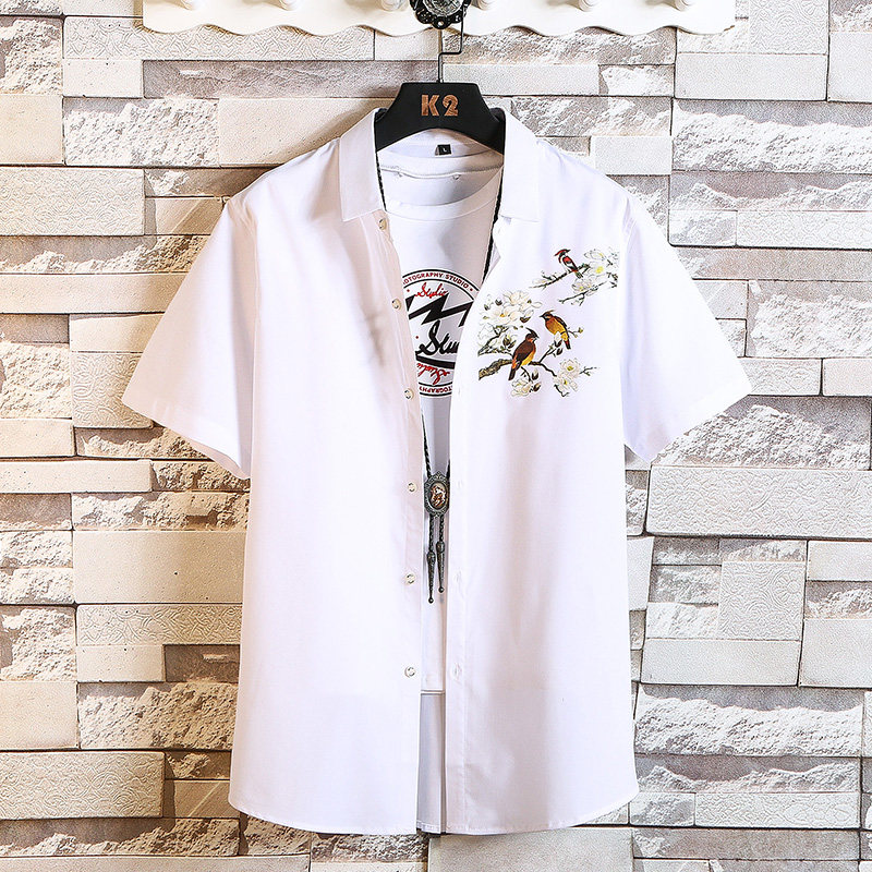 大码印花风休闲男春夏新款青年短袖衬衫外套QT5030/7015，男装衬衫，电商A012