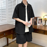 纯色短袖套装五分袖衬衣潮短裤男大码两件套8654/衣22裤20/TP42，男装休闲套装，电商A012