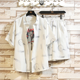 夏季短袖套装男五分袖衬衣潮短裤男大码两件套8653/衣35裤30/P65，男装休闲套装，电商A012