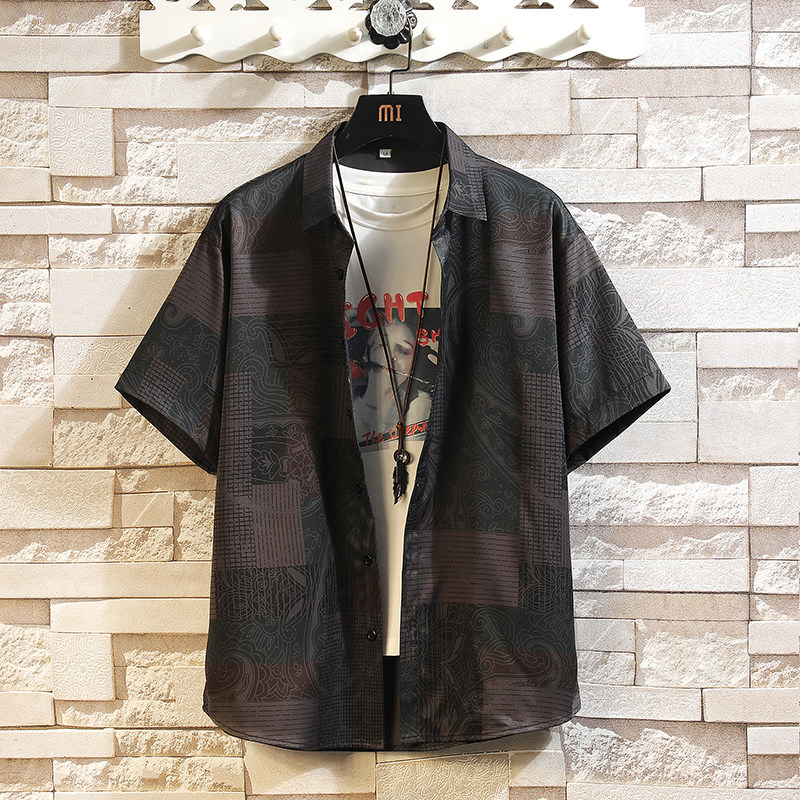 花衬衫男短袖夏季痞帅休闲上衣服外套翻领大码衬衣A011-2/P45,男装T恤,电商A012