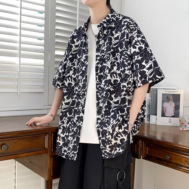 花衬衫男短袖夏季痞帅休闲上衣服外套翻领大码衬衣男A011-2/P35,男装T恤,电商A012