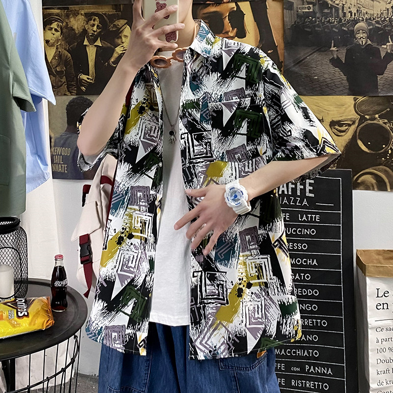 2021宽松休闲大码印花中国风男春夏短袖衬衫QT5030/D7097p30,男装衬衫,电商A012