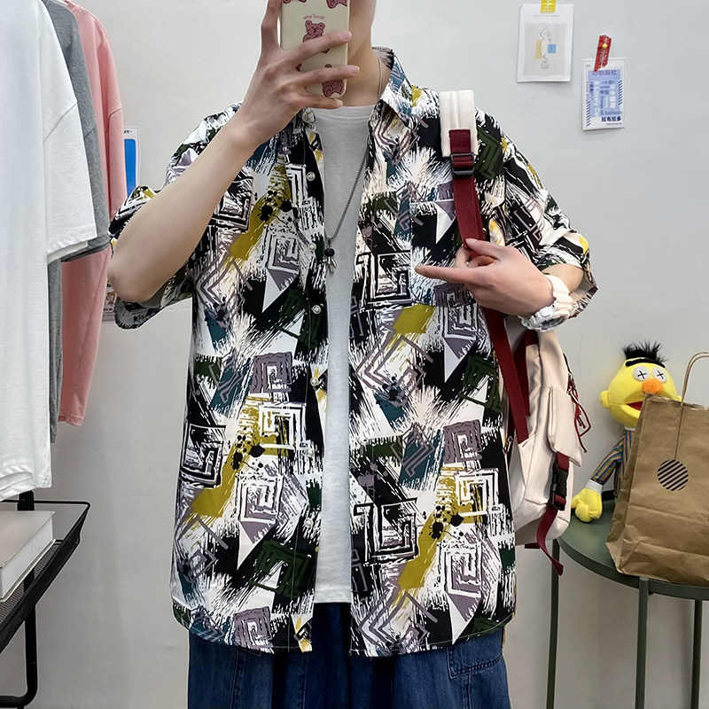 2021宽松休闲大码印花中国风男春夏短袖衬衫 QT5030/D7097p30图片