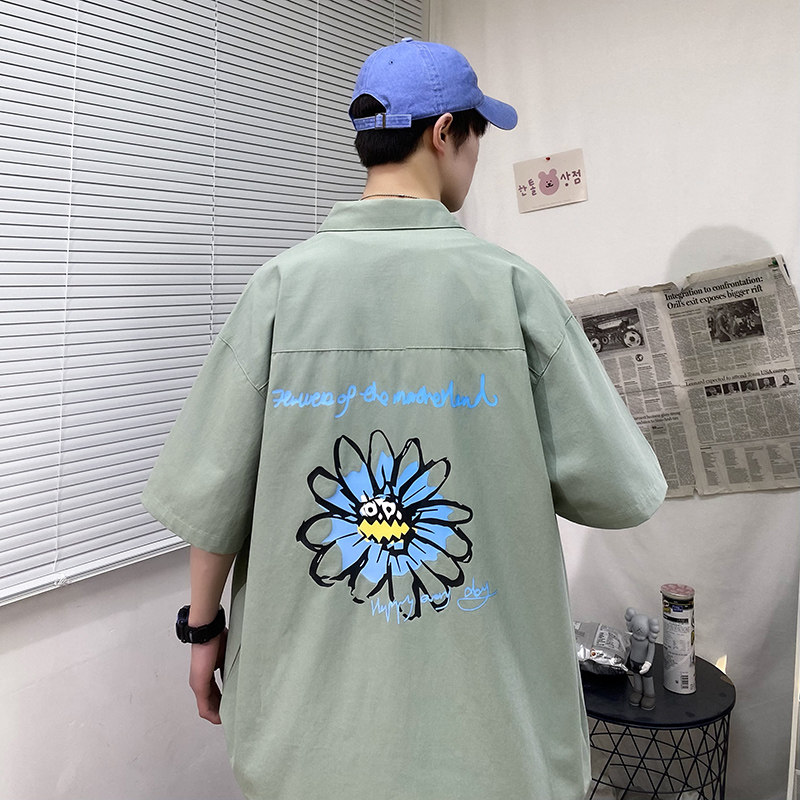 2021全棉沙洗大码印花中国风男夏青年短袖衬衫QT5030/D7063p40,男装衬衫,电商A012