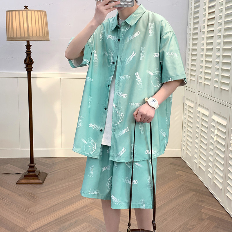 夏季短袖套装男五分袖衬衣潮短裤男大码两件套8653/衣35裤30/P65,男装休闲套装,电商A012