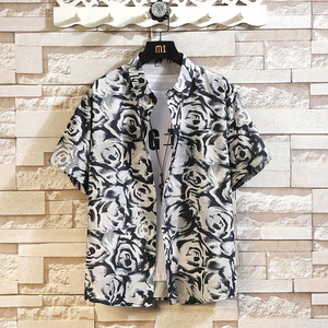 花衬衫男短袖夏季痞帅休闲上衣服外套翻领大码衬衣男A011-2/P35图片