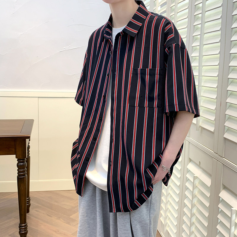 精品大码青年外套条纹衬衣休闲宽松短袖拼色衬衫男装A011-2/p35,男装T恤,电商A012