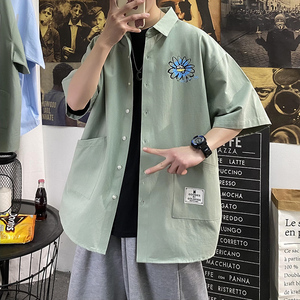 2021全棉沙洗大码印花中国风男夏青年短袖衬衫QT5030/D7063p40图片