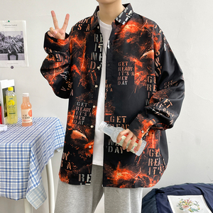 大码港风外套青年印花衬衣休闲宽松长袖衬衫/22015p35，男装衬衫，电商A012