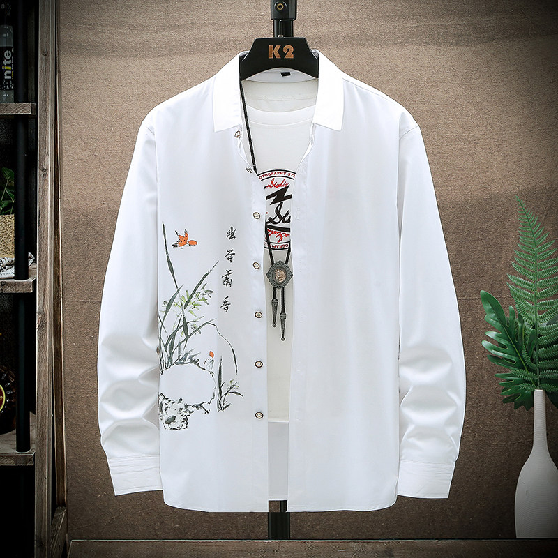 大码印花风衬衫男夏秋青年长袖衬衫/2122p50，男装衬衫，电商A012