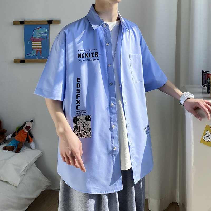 2021大码印花风衬衫男春夏新款青年短袖衬衫QT5030/ D7055图片