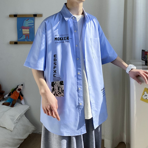 2021大码印花风衬衫男春夏新款青年短袖衬衫QT5030/ D7055图片